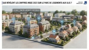 Vue stylisée d’un parc de logements avec symboles de propriétaires, locataires et vacance