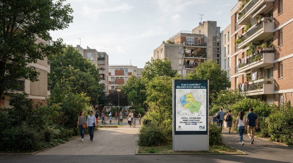 Illustration d’immeubles collectifs et d’espaces verts dans un quartier résidentiel dense, avec signalétique urbaine.