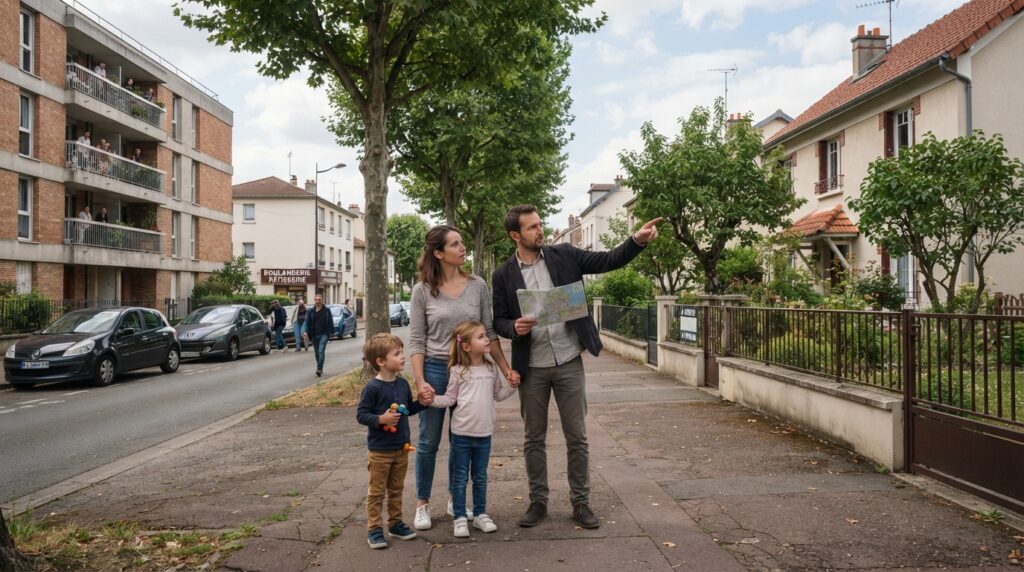 Famille comparant une maison et un immeuble d'appartements dans un quartier urbain générique