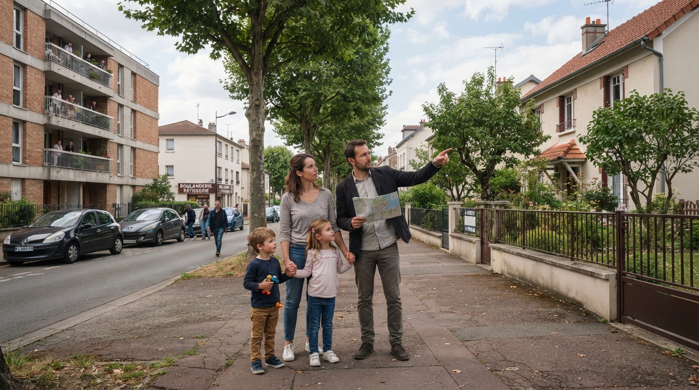 Famille comparant une maison et un immeuble d'appartements dans un quartier urbain générique