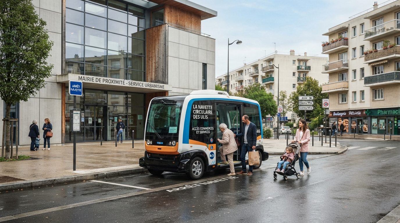 Navette urbaine devant un bâtiment administratif avec des habitants montant à bord